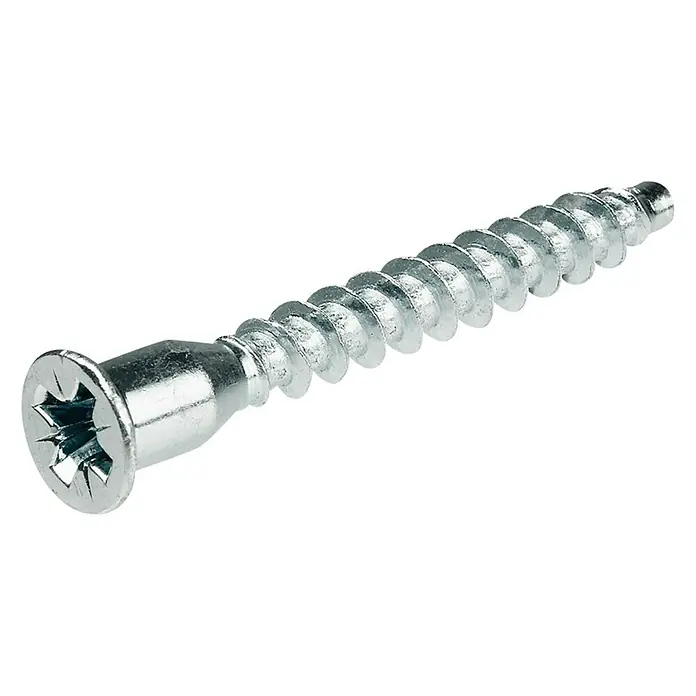 Stabilit Tornillo de unión - Ø x L: 7 x 50 mm - Primer plano de un solo tornillo de madera de color plateado con cabeza de cruz, sobre un fondo blanco.