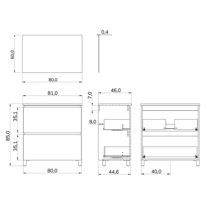Artysan Conjunto de mueble de baño Late - Roble waira, 3 pzs. - Dibujo técnico de un mueble de baño con cajones y dimensiones. Perfecto para planificación y diseño de baños.