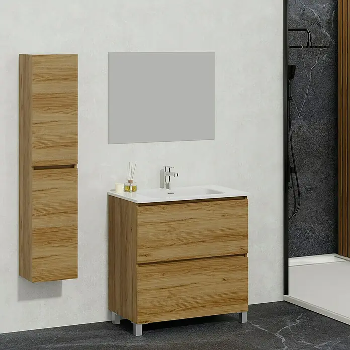 Artysan Conjunto de mueble de baño Late - Roble waira, 3 pzs. - Elegante conjunto de baño con mueble de lavabo, lavabo, armario con espejo y armario alto en aspecto de madera para un ambiente moderno.