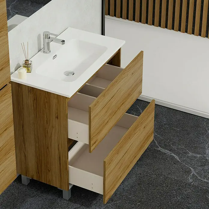Artysan Conjunto de mueble de baño Late - Roble waira, 3 pzs. - Moderno lavabo de baño con mueble de madera abierto y dos cajones para un diseño de baño elegante.