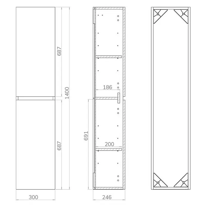 Armario colgante de baño Inter - An x Pr x Al: 30 x 24,6 x 140 cm, Roble wuaira, Efecto madera - Dibujo técnico de un armario alto con todas las dimensiones y vistas laterales para una presentación detallada del producto.