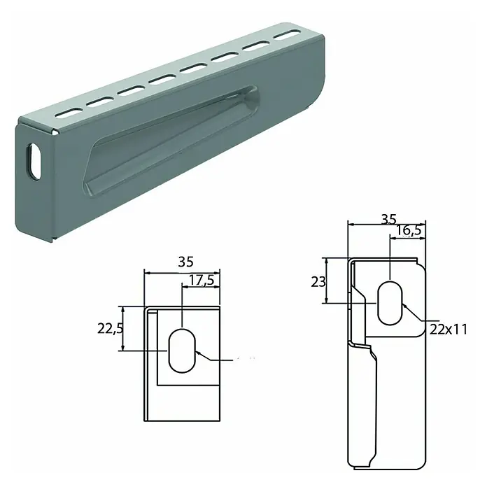 Licatec Ausleger KBS - Passend für: Kabelkanal KBLS 100 mm - Graugrünes geschlitztes Metall-Montageprofil mit technischen Zeichnungen für die Installation.