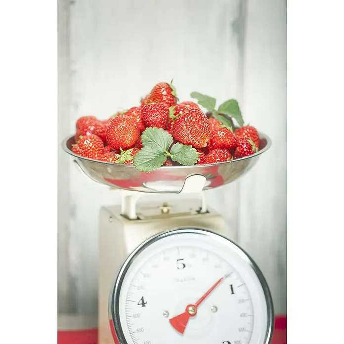 Piardino Erdbeere - Fragaria x ananassa 'Senga ® Sengana ®', Topfgröße: 11 cm, Erntezeit: Juni - Eine Schale voller frischer Erdbeeren auf einer Küchenwaage, die das Gewicht der leckeren roten Früchte anzeigt.