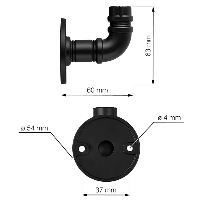 Walteco Garderobenhaken Rustic - L x B x H: 63 x 54 x 60 mm, Anzahl Haken: 1 Stk., Mattschwarz - Technische Zeichnung einer schwarzen Metallrohrhalterung, mit Maßen: Seitenansicht 60x63mm, Basis Ø54mm mit Ø4mm Löchern.
