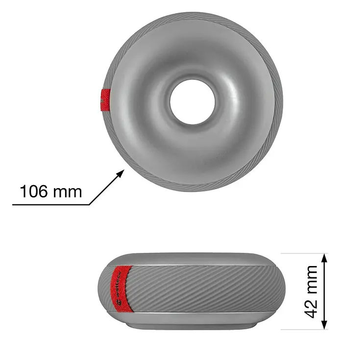 Walteco Türstopper Doornut - Ø x H: 106 x 42 mm, Chrom Matt - Graue, ringförmige Form mit strukturierten Seiten und roter Lasche, Ø 106 mm, H 42 mm.