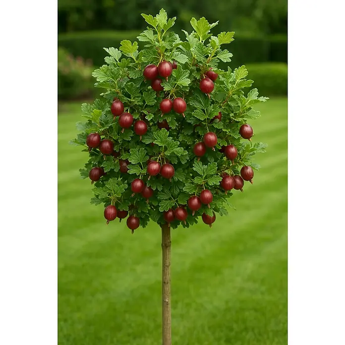 Stachelbeere Bio - Ribes uva-crispa 'Hinnonmäki Rot', Topfgröße: 23 cm, Erntezeit: Juli - Ein kompakter Stachelbeerbaum mit reifen, roten Beeren und grünen Blättern, ideal für den Garten oder den Anbau auf dem Balkon.