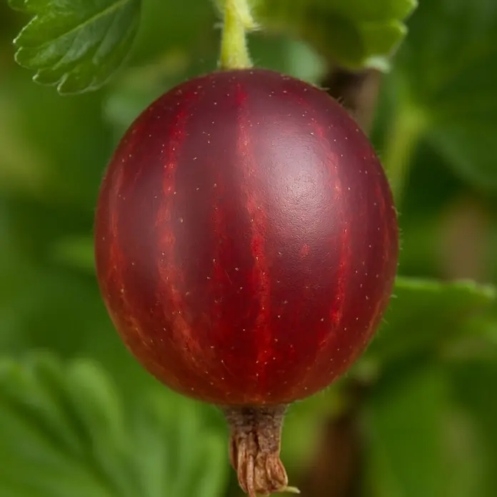 Stachelbeere Bio - Ribes uva-crispa 'Hinnonmäki Rot', Topfgröße: 23 cm, Erntezeit: Juli - Nahaufnahme einer reifen, roten Stachelbeere, die am Strauch hängt, mit grünen Blättern im Hintergrund.