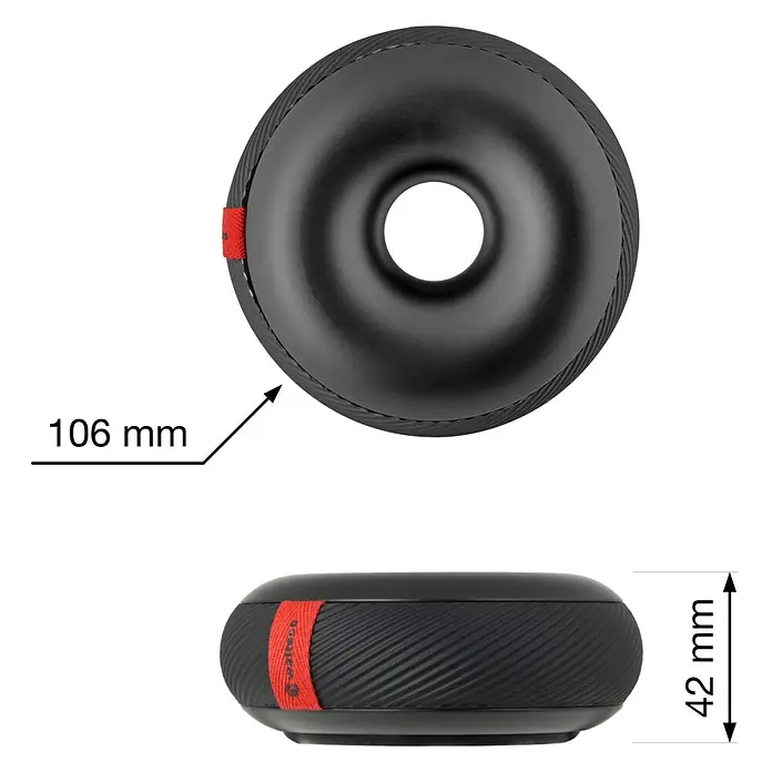 Walteco Türstopper Doornut - Ø x H: 106 x 42 mm, Schwarz - Schwarzes, donut-förmiges tragbares Gerät mit texturierten Seiten und rotem Akzentband.