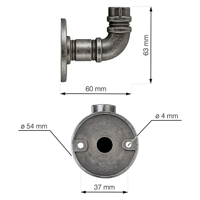 Walteco Garderobenhaken Rustic - L x B x H: 63 x 54 x 60 mm, Anzahl Haken: 1 Stk., Silber antik - Industrielles dunkelgraues Metallrohrfitting mit Winkel und Wandflansch, Maße zeigend.
