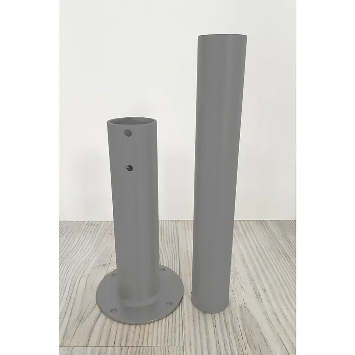 Minka Wandhalterung Comfort Top - Ø x L: 12,7 x 50 cm, Passend für: Minka Mittelholmtreppen Comfort Top - Zwei graue Metallpfosten, einer mit Basisplatte und Löchern, der andere glatt, für Montage oder Konstruktion.