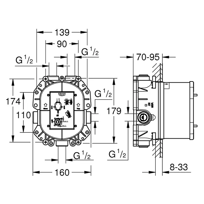 Grohe Unterputzsystem Rapido T - Einbautiefe: 70 mm - 95 mm, Blau - Technische Zeichnung des Grohe Rohbausatz UP-Thermostatbatterie SmartControl mit Abmessungen und Anschlüssen für die Installation.