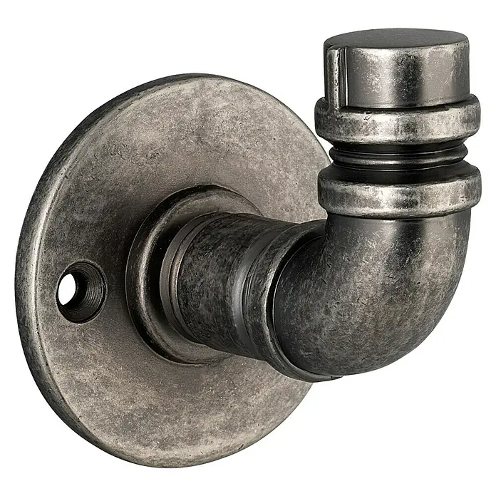 Walteco Garderobenhaken Rustic - L x B x H: 63 x 54 x 60 mm, Anzahl Haken: 1 Stk., Silber antik - Dunkelgrauer industrieller Rohrhaken mit verwitterter Metalloberfläche auf einer runden Basis.