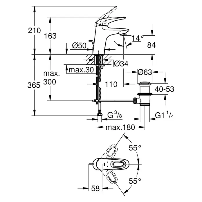 Grohe Eurostyle Waschtischarmatur S-Size - Weiß/Chrom, Glänzend - Produktbild mit den Abmessungen der Armatur mit Hebel, einschließlich Höhe, Durchmesser und Winkel, um eine problemlose Installation zu gewährleisten.