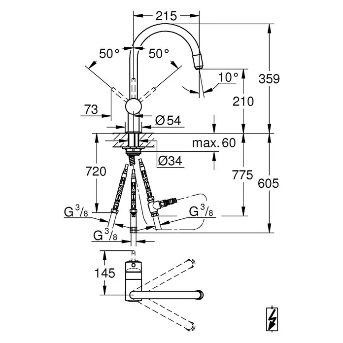 Grohe Spültischarmatur Minta - Niederdruck, Chrom, Glänzend, Beweglichkeit Auslauf: Ausziehbar - Detailzeichnung einer Armatur mit genauen Maßangaben für Installation und Design.