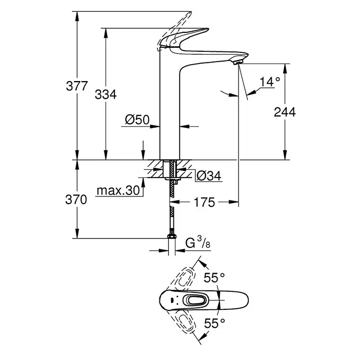 Grohe Eurostyle Waschtischarmatur XL-Size - Weiß, Glänzend - Technische Zeichnung einer Armatur mit Bemaßung, die die Höhe, den Ausladungswinkel und die Gewindegröße umfasst.