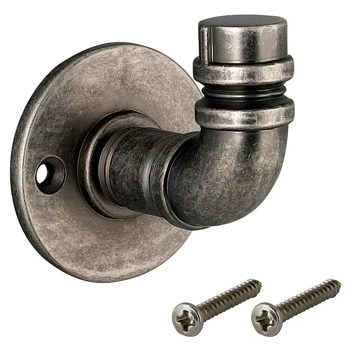 Walteco Garderobenhaken Rustic - L x B x H: 63 x 54 x 60 mm, Anzahl Haken: 1 Stk., Silber antik - Dunkelgrauer industrieller Wandhaken im Rohrdesign mit runder Basis und zwei Schrauben.
