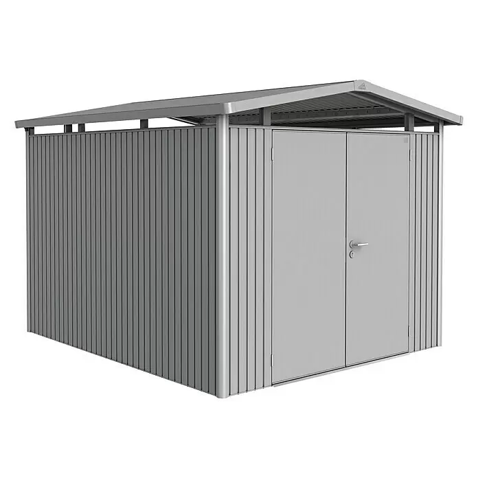 Biohort Panorama Gerätehaus P5 - Außenmaß inkl. Dachüberstand (B x T): 273 x 318 cm, Stahl, Silber Metallic, Doppeltür - Grauer Metallschuppen mit schrägem Dach und Doppeltüren, ideal für die Lagerung im Freien.