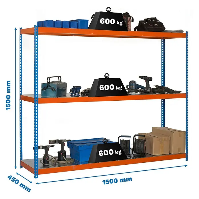 Simonrack Simonforte Schwerlastregal Simonforte Metall - H x B x T: 150 x 150 x 45 cm, Traglast pro Boden: 600 kg, Anzahl Böden: 3 Stk., Stecken, Blau/Orange/Silber - Regal mit drei Ebenen und blauen Ständern, ideal für Werkstatt oder Lagerung, belastbar bis 600 kg pro Ebene.