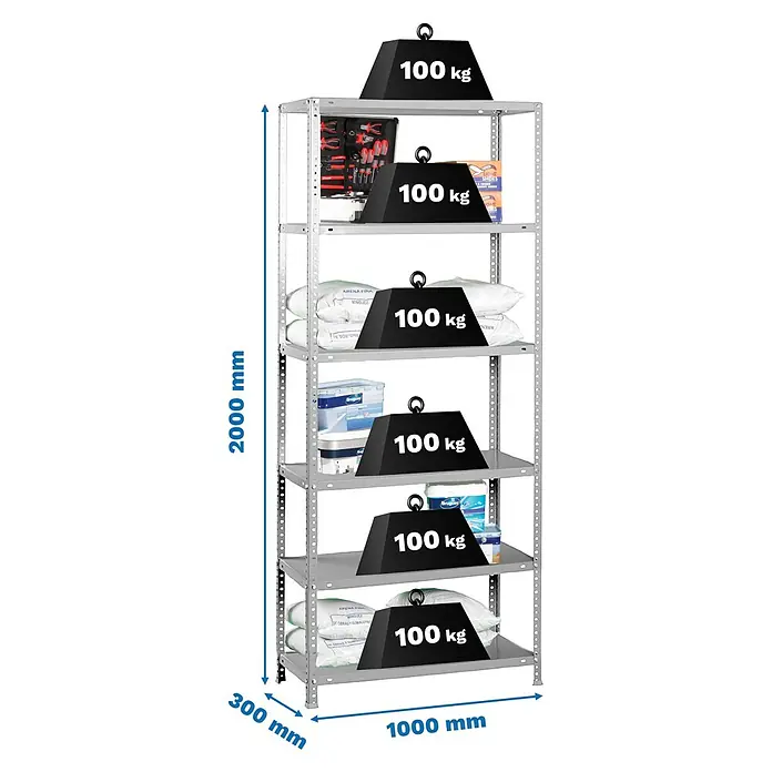 Simonrack Simonclassic Metallregal Comfort Plus - H x B x T: 200 x 100 x 30 cm, Traglast pro Boden: 100 kg, Anzahl Böden: 6 Stk., Schrauben, Grau - Abbildung eines Schwerlastregals mit sechs Regalböden, belastet mit Gewichten, zur Darstellung der Tragfähigkeit.