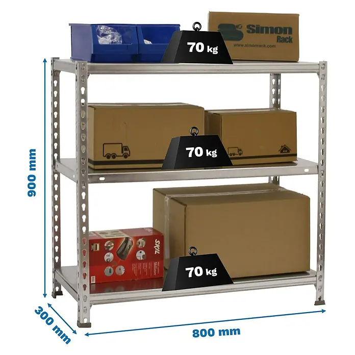 Simonrack Simonclick Metallregal Ecoclick Mini - H x B x T: 90 x 80 x 30 cm, Traglast pro Boden: 70 kg, Anzahl Böden: 3 Stk., Stecken, Silber - Abbildung eines robusten Metallregals mit drei Ebenen, beladen mit Kartons und Behältern, Gesamtmaße 900 mm hoch, 800 mm breit und 300 mm tief.
