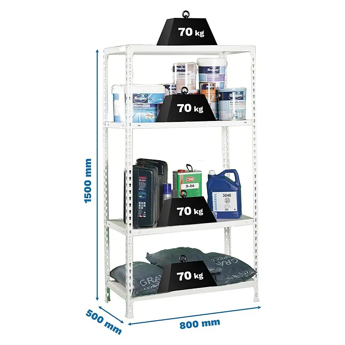 Simonrack Simonclick Metallregal Ecoclick Mini - H x B x T: 150 x 80 x 50 cm, Traglast pro Boden: 70 kg, Anzahl Böden: 4 Stk., Stecken, Weiß - Abbildung eines stabilen weißen Regals mit vier Ablagen, belastet mit Gewichten und diversen Behältern.