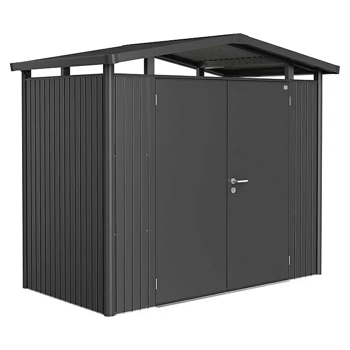 Biohort Panorama Gerätehaus P1 - Außenmaß inkl. Dachüberstand (B x T): 273 x 158 cm, Stahl, Dunkelgrau Metallic, Doppeltür - Dunkelgrauer Metall-Gartenschrank mit Pultdach und Doppeltüren zur Aufbewahrung im Freien.