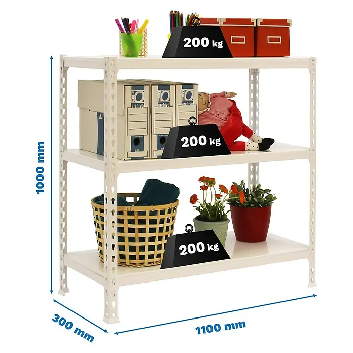 Simonrack Simonclick Metallregal Simonclick Super Plus - H x B x T: 100 x 110 x 30 cm, Traglast pro Boden: 200 kg, Anzahl Böden: 3 Stk., Stecken, Weiß/Weiß - Ein weißes Metallregal mit drei Ebenen, beladen mit verschiedenen Gegenständen und Gewichten zur Veranschaulichung der Tragkraft.