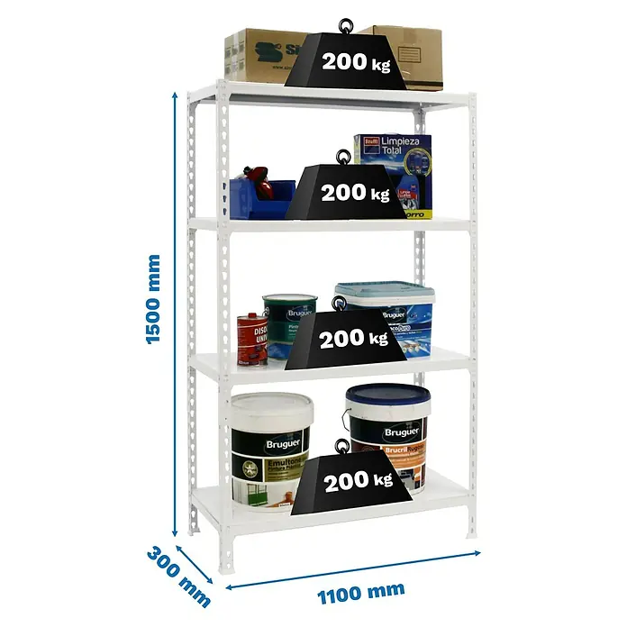 Simonrack Simonclick Metallregal Simonclick Super Plus - H x B x T: 150 x 110 x 30 cm, Traglast pro Boden: 200 kg, Anzahl Böden: 4 Stk., Stecken, Weiß/Weiß - Bild eines weißen Metallregals mit vier Regalböden, die jeweils mit einem Gewicht von 200 kg belastet sind.