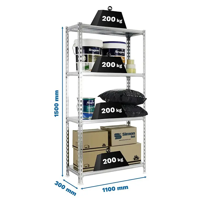Simonrack Simonclick Metallregal Simonclick Super Plus - H x B x T: 150 x 110 x 30 cm, Traglast pro Boden: 200 kg, Anzahl Böden: 4 Stk., Stecken, Silber/Silber - Abgebildet ist ein Regal mit fünf Ebenen, das mit Farbeimern, Kartons und Gewichten belastet ist und die Maße 1500 mm Höhe, 1100 mm Breite und 300 mm Tiefe hat.