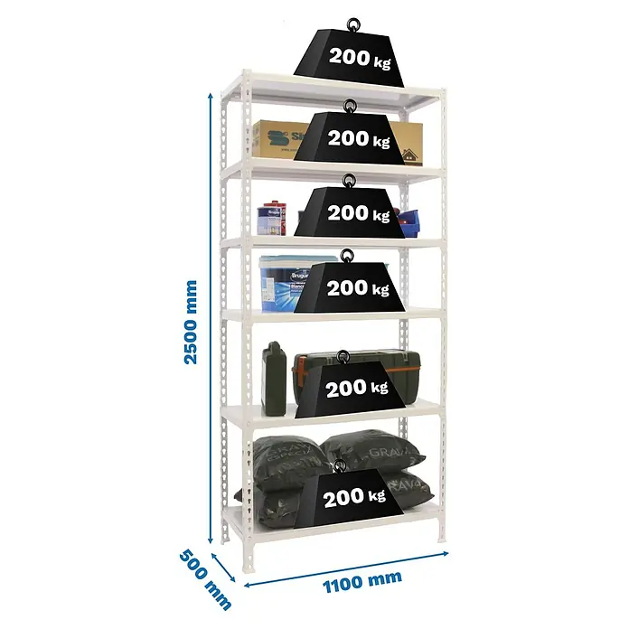 Simonrack Simonclick Metallregal Simonclick Super Plus - H x B x T: 250 x 110 x 50 cm, Traglast pro Boden: 200 kg, Anzahl Böden: 6 Stk., Stecken, Weiß/Weiß - Ein weißes Schwerlastregal mit sechs Fächern, das mit Gewichten und verschiedenen Gegenständen wie Farbeimern und Werkzeugkisten beladen ist.
