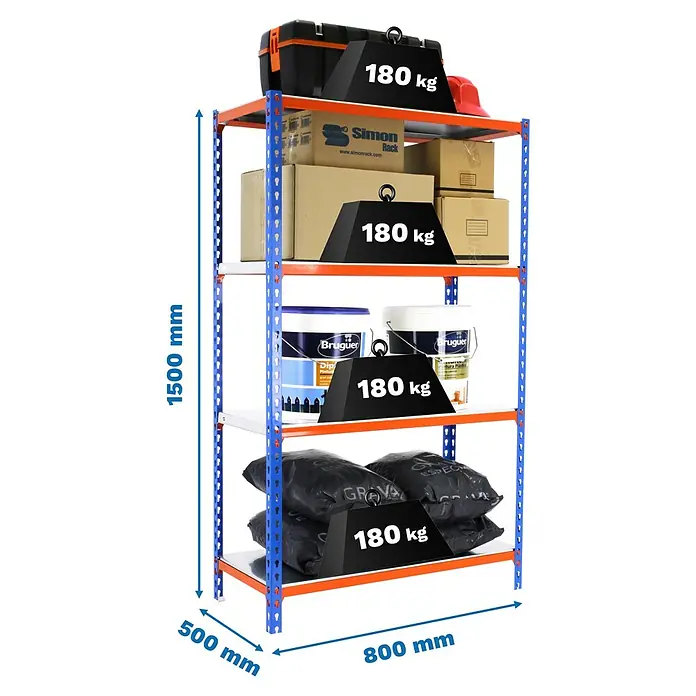 Simonrack Simonclick Metallregal Simonclick Mini - H x B x T: 150 x 80 x 50 cm, Traglast pro Boden: 180 kg, Anzahl Böden: 4 Stk., Stecken, Blau/Orange/Silber - Abbildung eines blauen und orangefarbenen Metallregals mit vier Ebenen, auf denen verschiedene Gegenstände und schwarze Gewichte platziert sind.