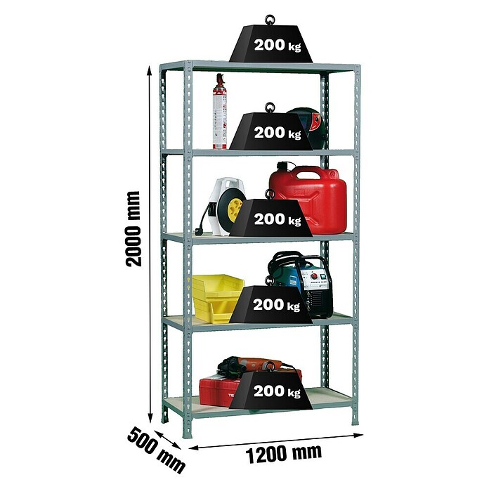 Simonrack Maderclick Estantería metálica Megaplus (Al x An x Pr: 200 x 120 x 50 cm, Capacidad de carga por balda: 200 kg, Número de baldas: 5 ud., Inserción, Galvanizado/Madera) | BAUHAUS