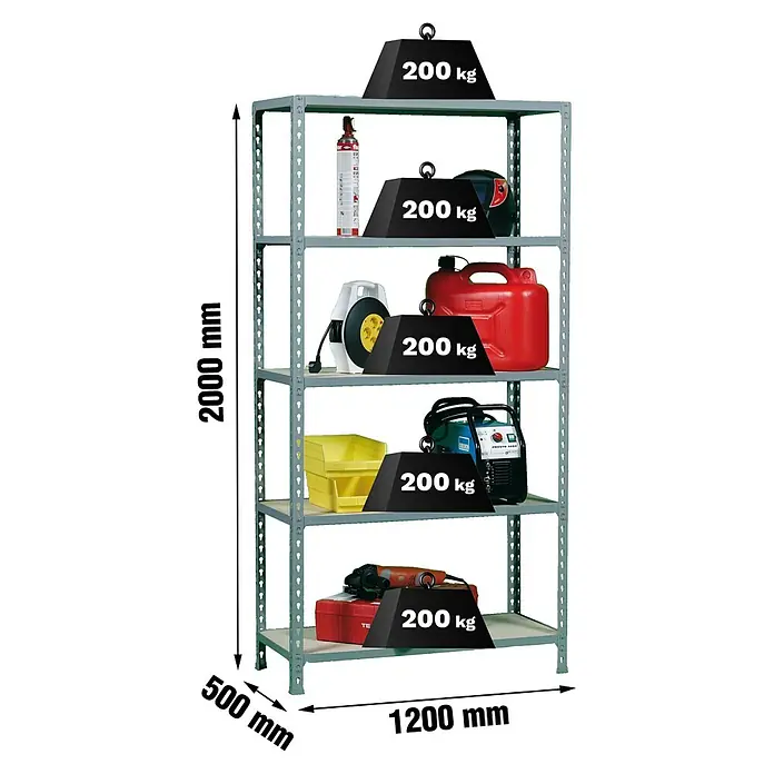 Simonrack Maderclick Metallregal Maderclick MegaPlus - H x B x T: 200 x 120 x 50 cm, Traglast pro Boden: 200 kg, Anzahl Böden: 5 Stk., Stecken, Silber - Aufnahme eines voll beladenen Regals mit Werkzeugen und Gewichten zur Veranschaulichung der Belastbarkeit.