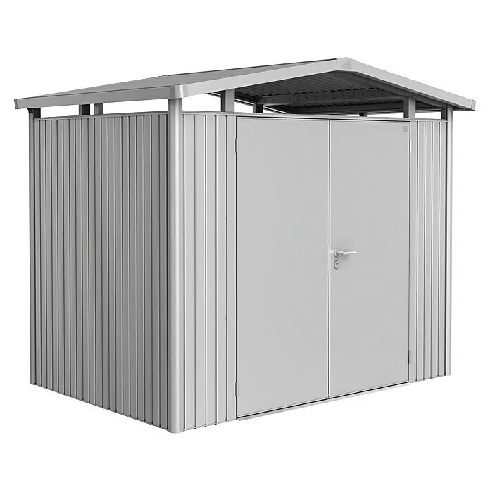 Biohort Panorama Gerätehaus P2 - Außenmaß inkl. Dachüberstand (B x T): 273 x 198 cm, Stahl, Silber Metallic, Doppeltür - Ein silberner Metall-Gartenschuppen mit schrägem Dach und Doppeltüren, ideal zur Aufbewahrung im Freien.