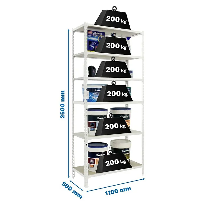 Simonrack Maderclick Metallregal Maderclick SuperPlus - H x B x T: 250 x 110 x 50 cm, Traglast pro Boden: 200 kg, Anzahl Böden: 6 Stk., Stecken, Weiß - Bild eines beladenen weißen Metallregals mit Größenangaben und Gewichtsangaben auf jeder Ebene.