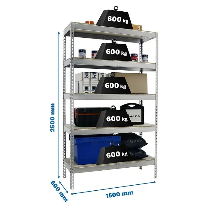 Simonrack Simonforte Schwerlastregal Simonforte Chipboard - H x B x T: 250 x 150 x 60 cm, Traglast pro Boden: 600 kg, Anzahl Böden: 5 Stk., Stecken, Silber - Abbildung eines Schwerlastregals mit fünf Regalböden, beladen mit verschiedenen Gegenständen und Gewichten zur Demonstration der Tragfähigkeit.