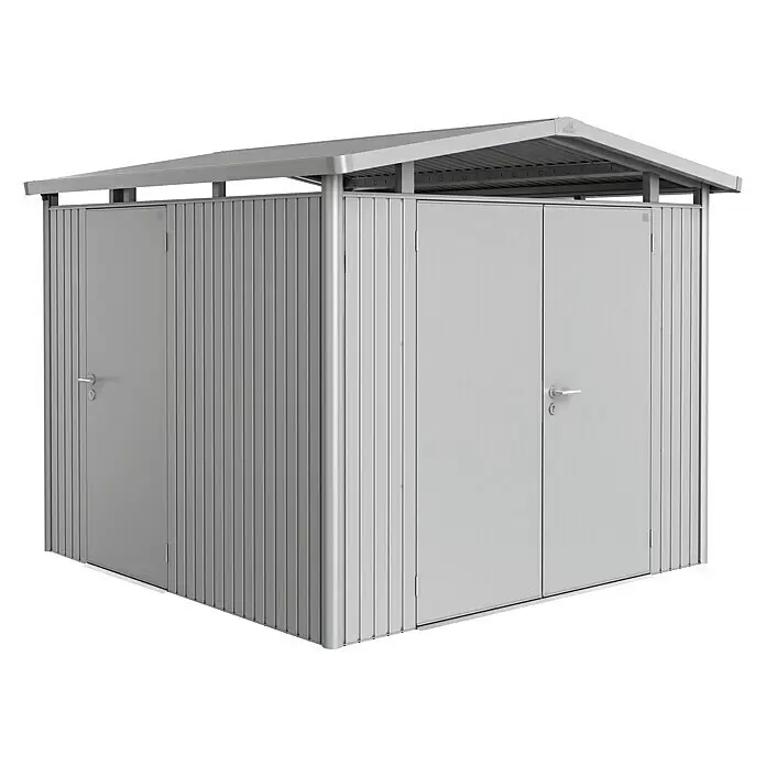 Biohort Panorama Gerätehaus Panorama P4 - Außenmaß inkl. Dachüberstand (B x T): 273 x 278 cm, Stahl, Silber Metallic, Doppeltür - Vorderansicht