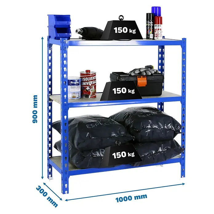 Simonrack Maderclick Metallregal Maderclick Plus - H x B x T: 90 x 100 x 30 cm, Traglast pro Boden: 150 kg, Anzahl Böden: 3 Stk., Stecken, Blau - Ein blaues Regal mit drei Ablagen, gefüllt mit Werkzeugen, Farben und beschwerten Gewichten, Maße sind angegeben.