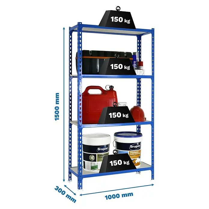 Simonrack Maderclick Metallregal Maderclick Plus - H x B x T: 150 x 100 x 30 cm, Traglast pro Boden: 150 kg, Anzahl Böden: 4 Stk., Stecken, Blau - Bild eines blauen Metallregals mit vier Ebenen, beladen mit verschiedenen Gegenständen und Gewichten, Größenangaben inklusive.
