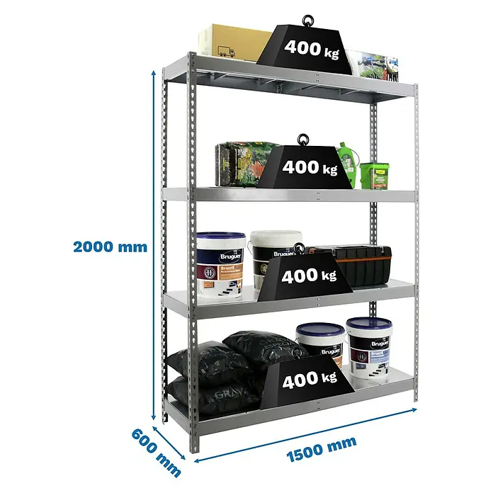 Simonrack Ecoforte Metallregal Ecoforte Metall - H x B x T: 200 x 150 x 60 cm, Traglast pro Boden: 400 kg, Anzahl Böden: 4 Stk., Stecken, Grau - Abbildung eines silbernen Schwerlastregals mit vier Ebenen, die mit verschiedenen Gegenständen und Gewichten von 400 kg beladen sind.