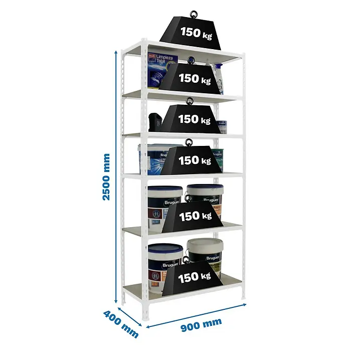 Simonrack Maderclick Metallregal Maderclick - H x B x T: 250 x 90 x 40 cm, Traglast pro Boden: 150 kg, Anzahl Böden: 6 Stk., Stecken, Weiß - Bild eines weißen Metallregals mit sechs Ebenen, beladen mit verschiedenen Produkten und Gewichten, mit Maßangaben.
