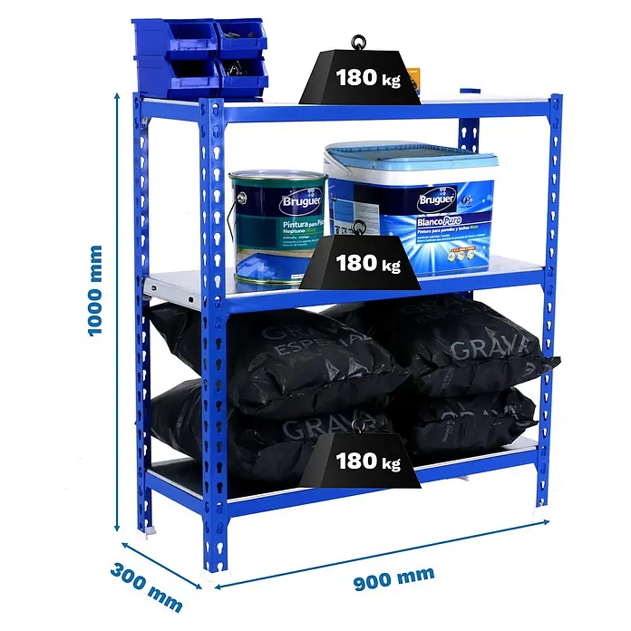 Simonrack Simonclick Metallregal Simonclick Plus - H x B x T: 100 x 90 x 30 cm, Traglast pro Boden: 180 kg, Anzahl Böden: 3 Stk., Stecken, Blau/Silber - Produktabbildung eines blauen Schwerlastregals mit drei Regalböden, belastet mit Farbeimern, Werkzeugboxen und Sandsäcken mit Gewichtsangabe.