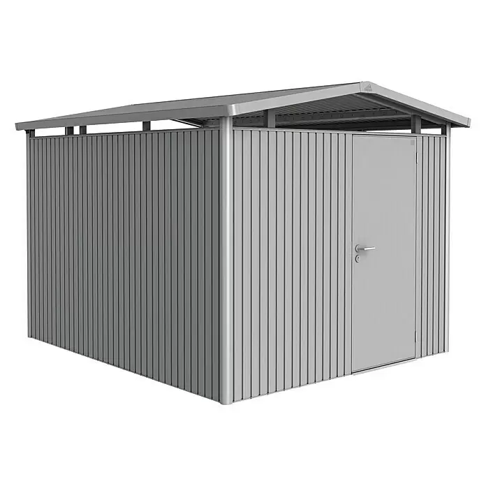 Biohort Panorama Gerätehaus Panorama P5 - Außenmaß inkl. Dachüberstand (B x T): 273 x 318 cm, Stahl, Silber Metallic, Einzeltür - Vorderansicht