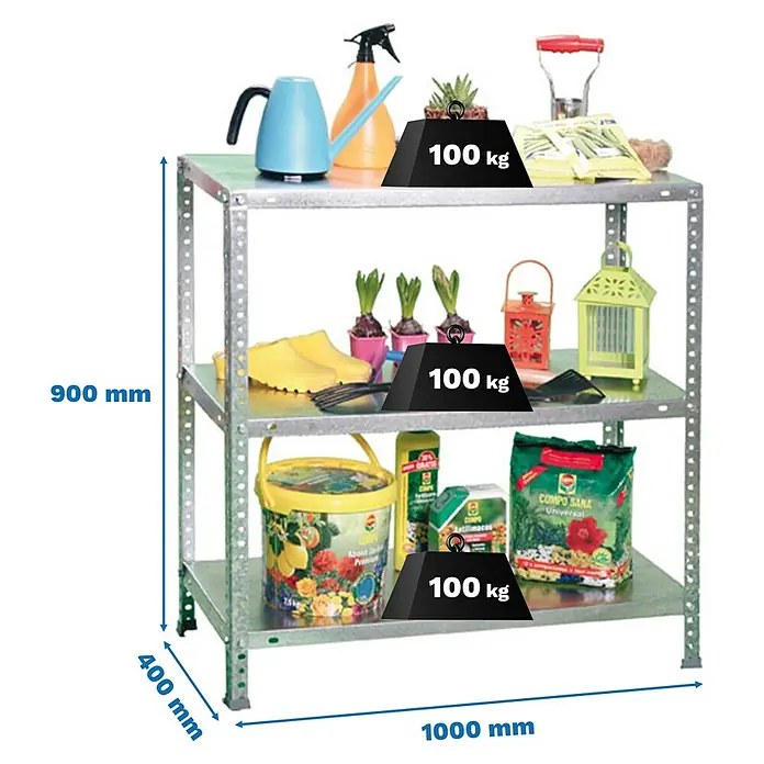Simonrack Simonclassic Metallregal Comfort Plus - H x B x T: 90 x 100 x 40 cm, Traglast pro Boden: 100 kg, Anzahl Böden: 3 Stk., Schrauben, Silber - Abbildung eines Schwerlastregals mit drei Ablagen, das mit Gartenzubehör und drei Gewichten von je 100 kg beladen ist.