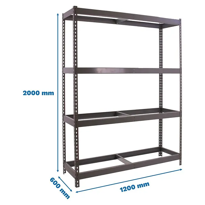 Simonrack Ecoforte Estantería para cargas pesadas Metal - Al x An x Pr: 200 x 120 x 60 cm, Número de baldas: 4 ud., Atornillado, Gris, Capacidad de carga por balda: 400 kg, Bandejas no incluidas - Estantería metálica gris de cuatro niveles, 2000x1200x600 mm.