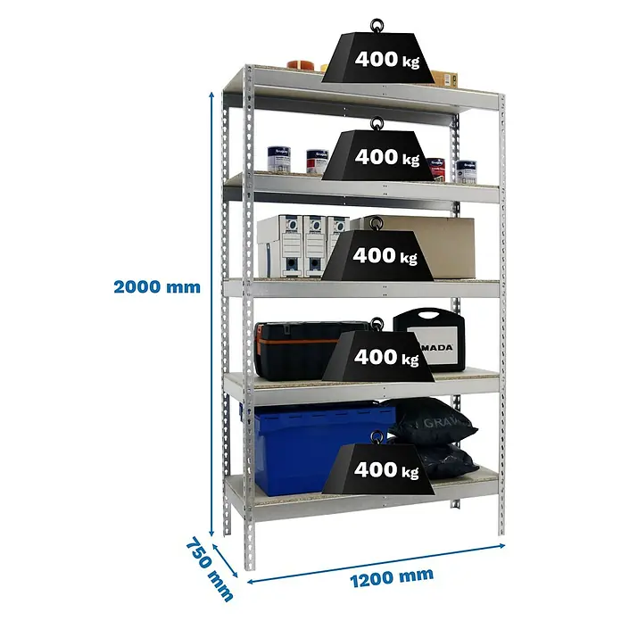 Simonrack Simontaller Schwerlastregal Ecoforte Chipboard - H x B x T: 200 x 120 x 75 cm, Traglast pro Boden: 400 kg, Anzahl Böden: 5 Stk., Stecken, Silber - Abbildung eines stabilen Schwerlastregals mit fünf Ablagen, das mit 400 kg pro Ebene belastbar ist. Die Regalböden bieten viel Stauraum.