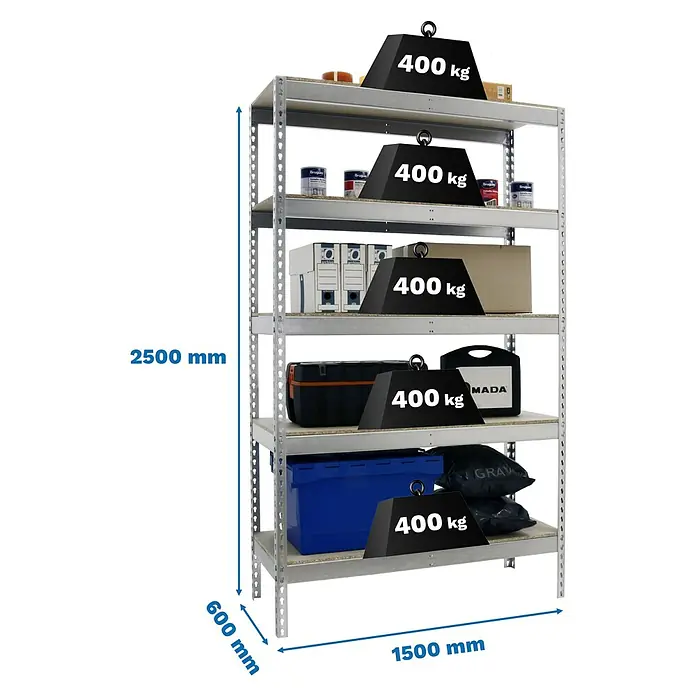 Simonrack Simontaller Schwerlastregal Ecoforte Chipboard - H x B x T: 250 x 150 x 60 cm, Traglast pro Boden: 400 kg, Anzahl Böden: 5 Stk., Stecken, Silber - Ein robustes Regal mit sechs Böden, das mit Gewichten von je 400 kg belastet ist, ideal für schwere Lasten und Lageranforderungen.