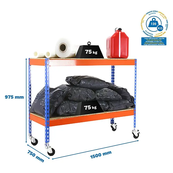 Simonrack Simontaller Metallregal Ecoforte Chipboard Mobil - H x B x T: 97,5 x 150 x 75 cm, Traglast pro Boden: 75 kg, Anzahl Böden: 2 Stk., Stecken, Blau/Orange, Rollen - Abbildung eines Schwerlastregals mit zwei Ebenen, das mit Gewichten und verschiedenen Gegenständen belastet ist.