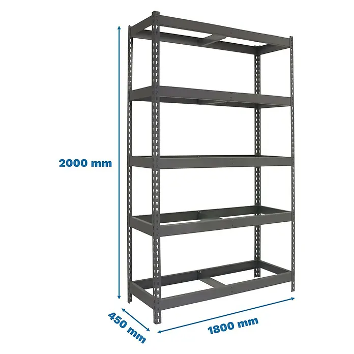 Simonrack Ecoforte Estantería para cargas pesadas Metal - Al x An x Pr: 200 x 180 x 45 cm, Número de baldas: 5 ud., Inserción, Gris, Capacidad de carga por balda: 400 kg, Bandejas no incluidas - Estantería metálica gris oscuro resistente, de 2000 mm de alto, 1800 mm de ancho y 450 mm de fondo.