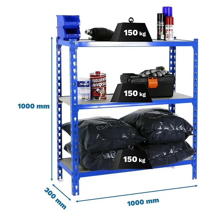 Simonrack Maderclick Metallregal Maderclick Plus - H x B x T: 100 x 100 x 30 cm, Traglast pro Boden: 150 kg, Anzahl Böden: 3 Stk., Stecken, Blau - Ein blaues Regal mit drei Ebenen, beladen mit Werkzeugen, Farbe und Gewichten, dargestellt mit Maßangaben.